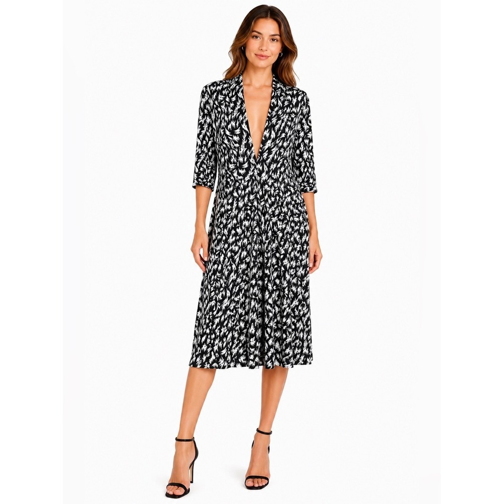 Derek Lam Print Midi Dress Black White V Neck Fit Flare Modern Minimalist SZ 10